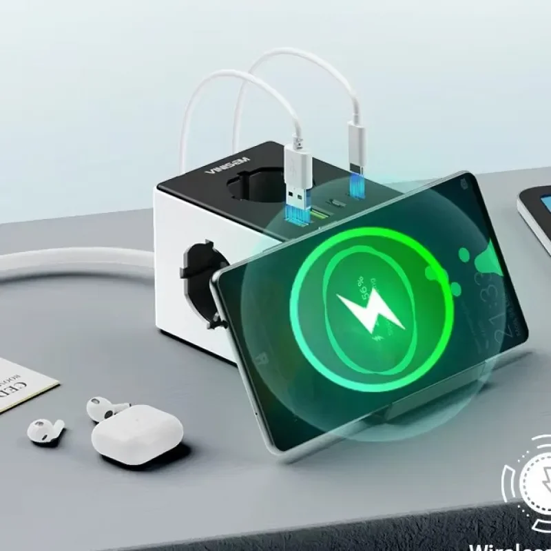 

European standard multifunctional socket with USB Type-C support for wireless charging of mobile phones AC100-250V