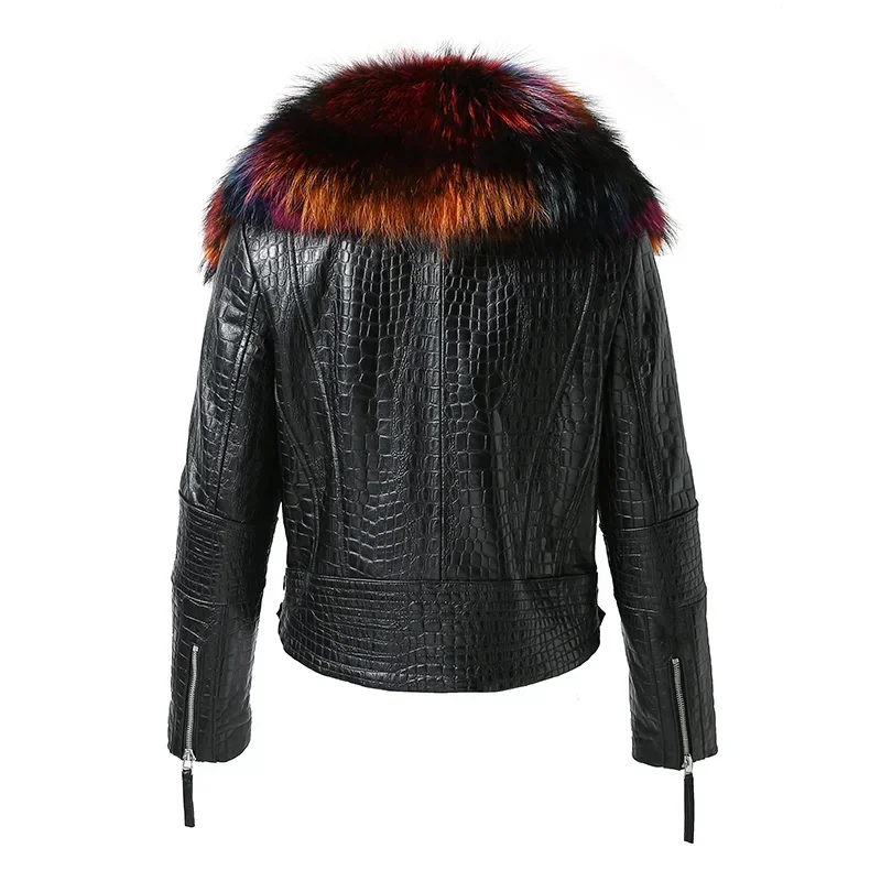 Women\'s Genuine Sheepskin Leather Jackets Real Fur Big Collar Coat Crocodile Pattern