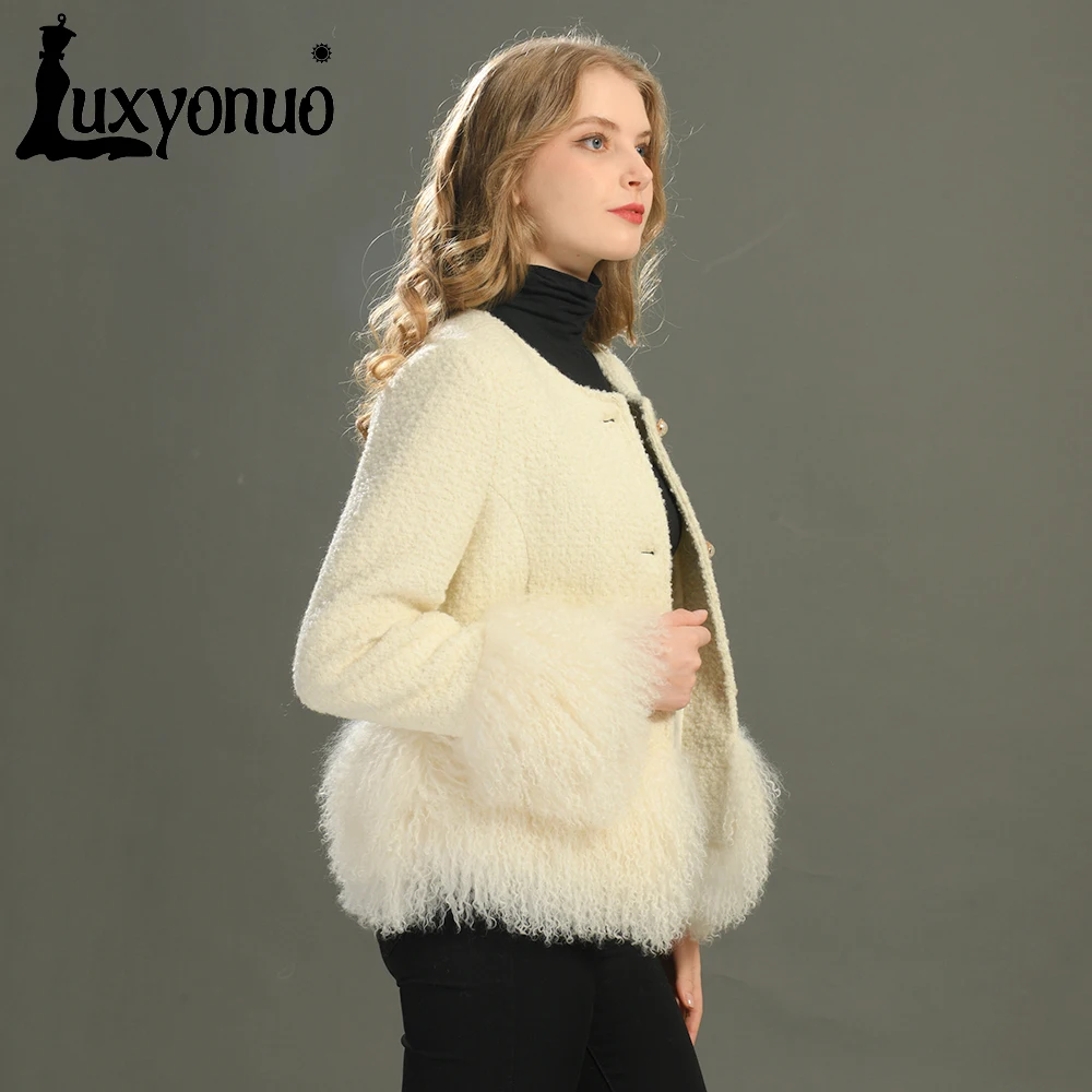 Luxyonuo Women's Wool Coat with Real Mongolian Sheep Fur Winter Fashion Ladis Elegance Short Tweed Jacket Pearl Button Female