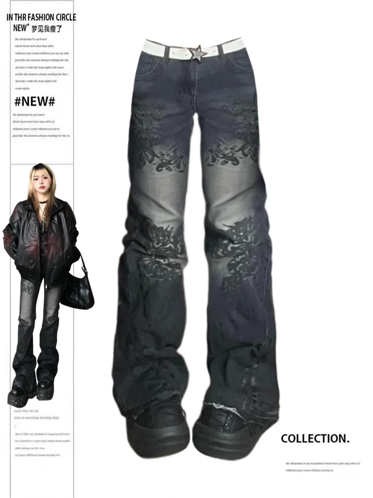 Women's Black Cargo Jeans Y2K Gothic Japanese Harajuku Streetwear 2000s Style Aesthetic Vintage Baggy Jeans Trouser Clothing New