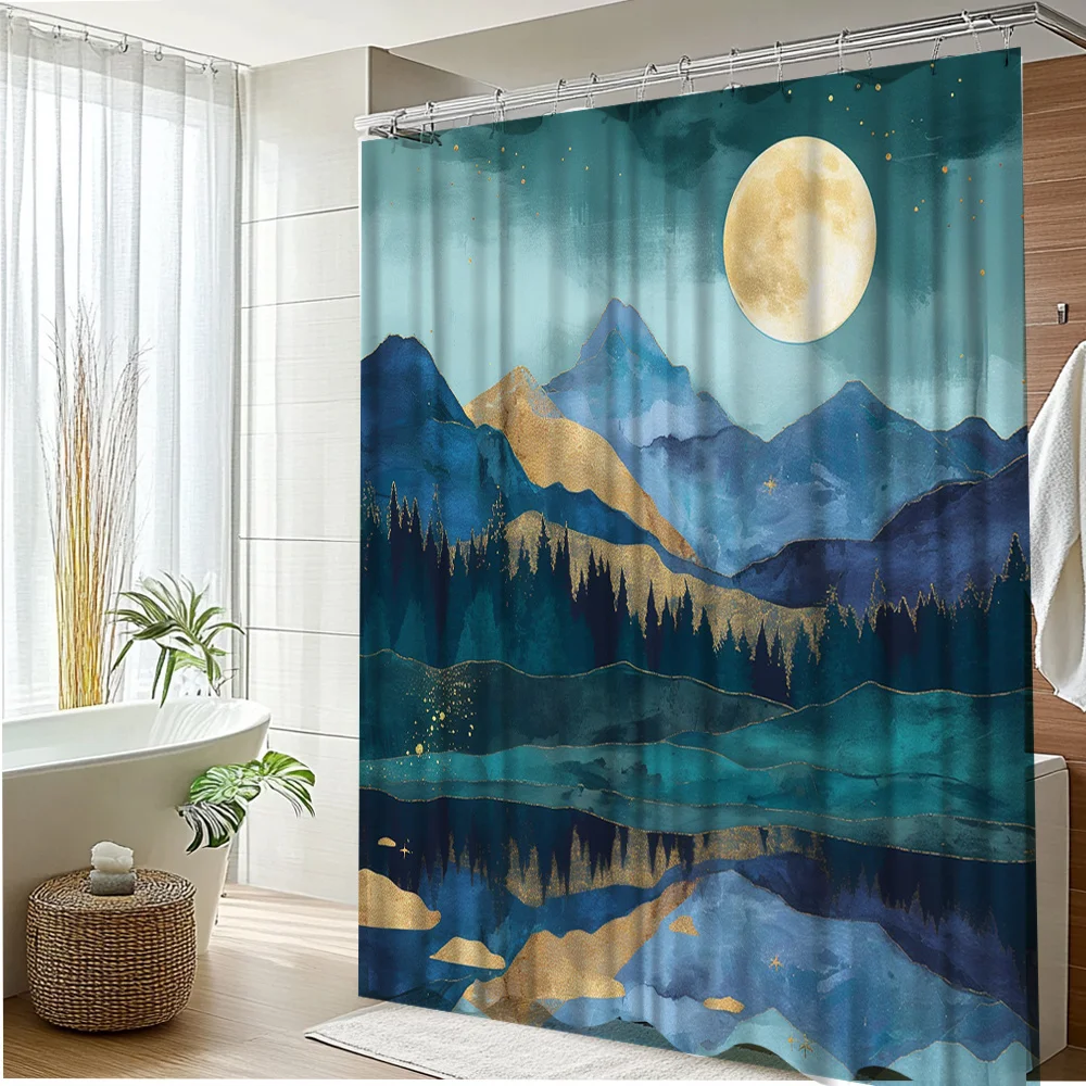 

1 шт., современное искусство, горная ночь, пейзаж, занавеска для душа-полиэфирная ткань, украшение для ванной комнаты с 12 крючками, украшение для дома,