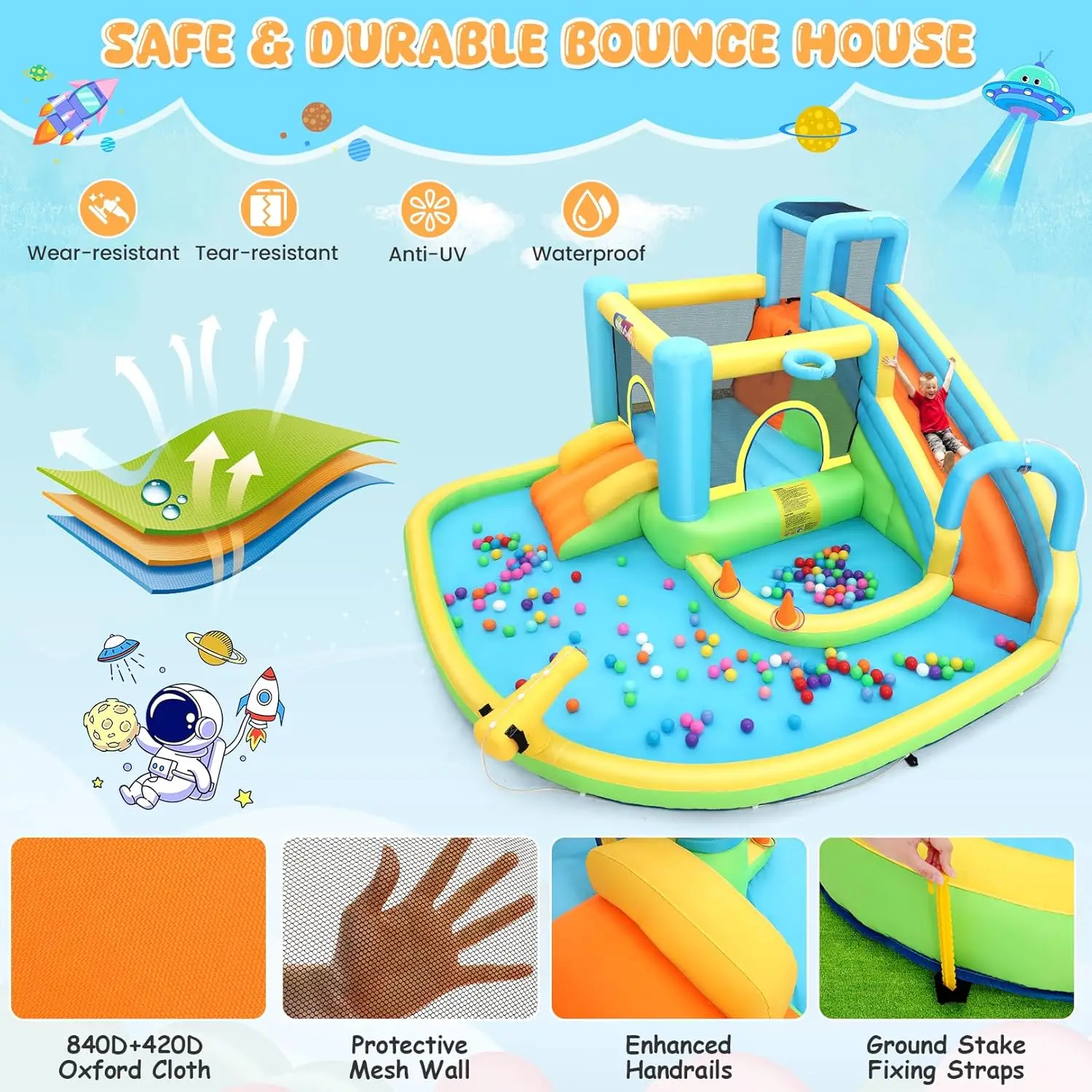 Corrediça inflável da água da casa do salto para crianças 12.7ft x12ft parque aquático com piscina de respingo, parede de escalada, conjunto de bola de captura & anel de arremesso