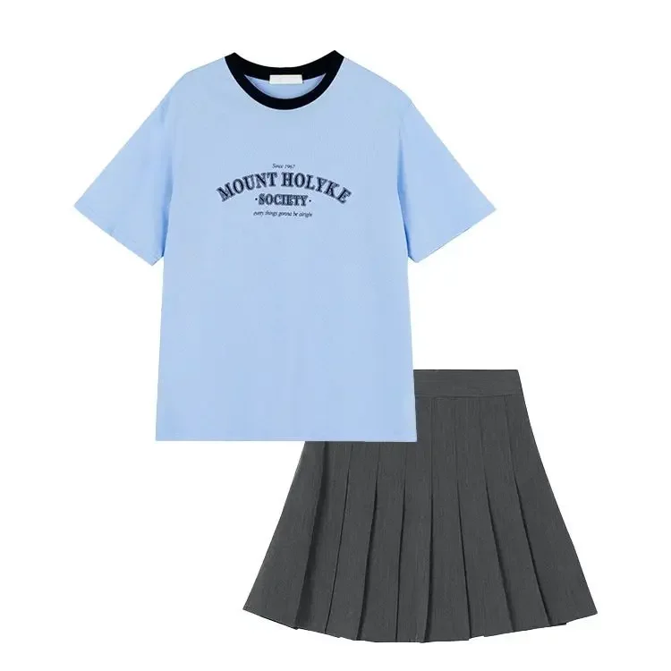 2023 Blue T-shirt Gray Pleated Skirt Two-piece College Wind Innocent Sweet Small Girl Age Reduction Suit Skirt Y2K Skirt Sets