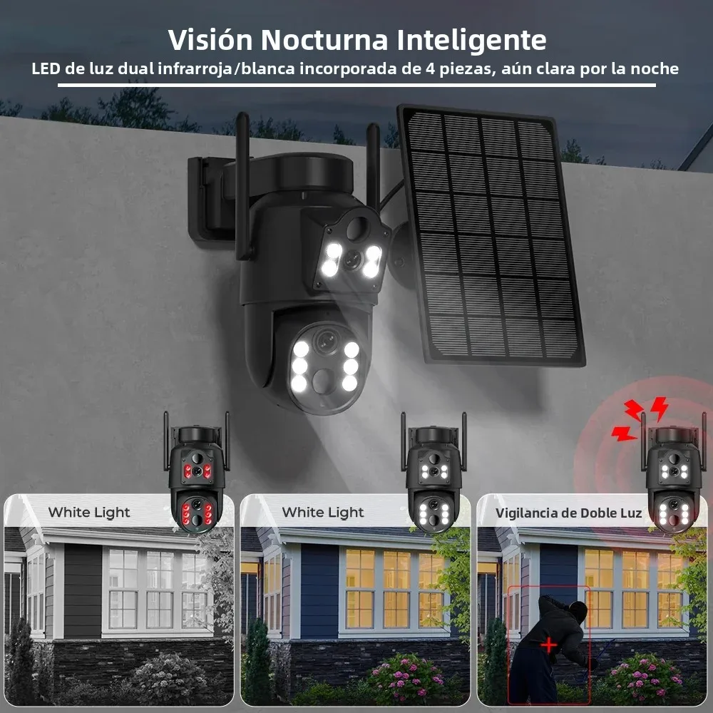 Cámaras ICsee 4K para exteriores, con energía solar, conexión WiFi, doble lente, doble pantalla, cámara de seguridad inalámbrica para el hogar, detección de movimiento humano mediante sensor PIR, 365 días de autonomía.