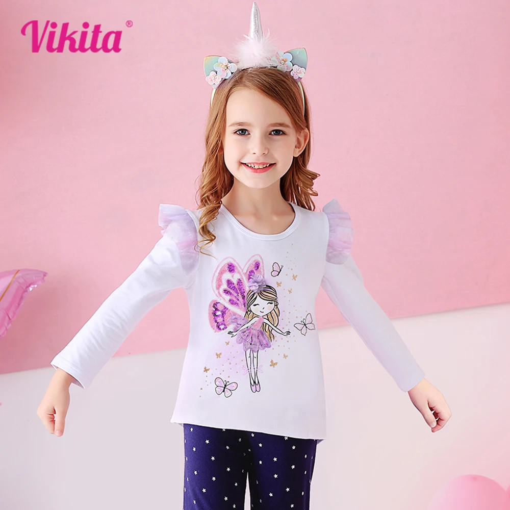 VIKITA Girls T Shirts Spring  Autumn Winter Long Sleeve Toddler Girls Tops for Daily Casual Wearing for 2-8 Years Kids Cute Girl