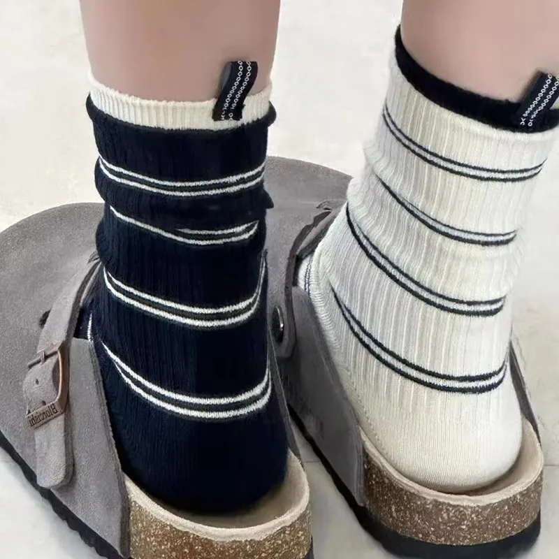 Fashion Striped Socks for Women Harajuku Warm Sock Simple Beige Striped Short Socks Fashion Spring Autumn Warm Mid Length Socks