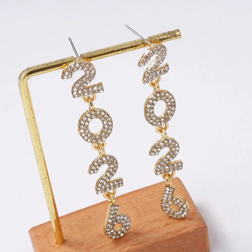 الجمالية 2026 أقراط مجوهرات حجر الراين سنة جديدة سعيدة أقراط قطرة طويلة لامعة كريستال أقراط الحفلات قلادة الفتيات