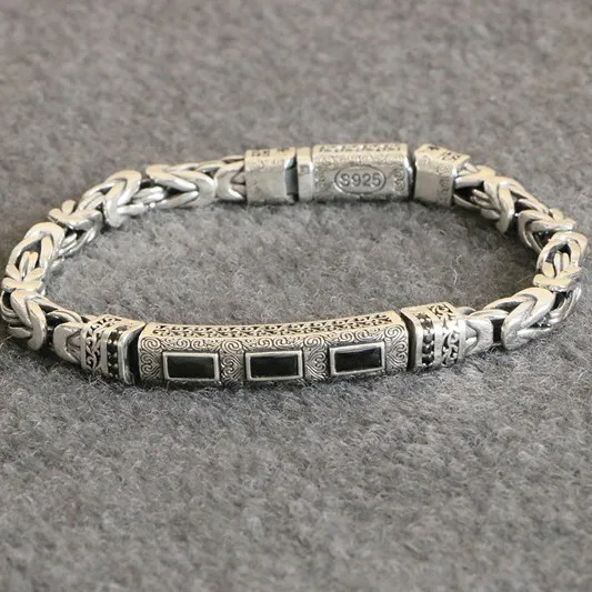 

925 sterling silver jewelry men's stylish peace pattern blue crystal bracelet retro trendy back pattern buckle silver chain gift