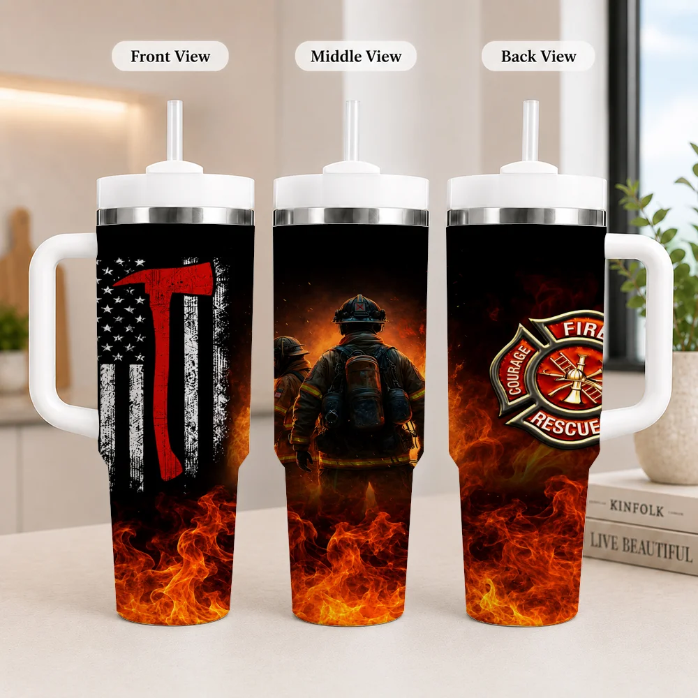Firefighter Vacuum Flasks 40oz Leakproof Steel Tumbler w/ Lid Straw Handle Hot Cold Drinks