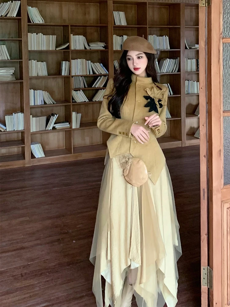 

Комплект WALKINK Moon Lake: шерстяное пальто с 3D-цветами и юбка-сетка для молодых женщин, осенний сезон, полиэстер