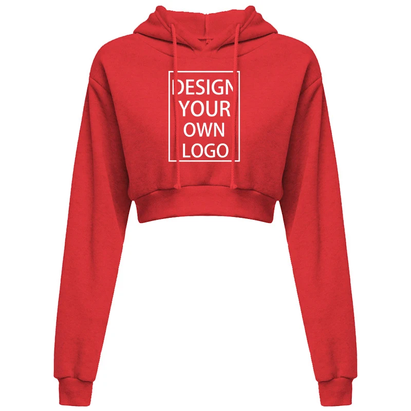 Customized Women Crop Top Hoodie Casual Long Sleeve Hooded Short Sweatshirt Sexy Printed Crop Sweaters 10 Colors