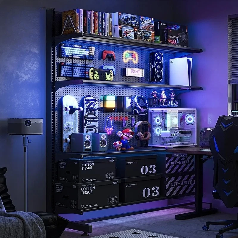 Floor-to-ceiling e-sports room decorative metal storage rack free punching computer desktop transformation