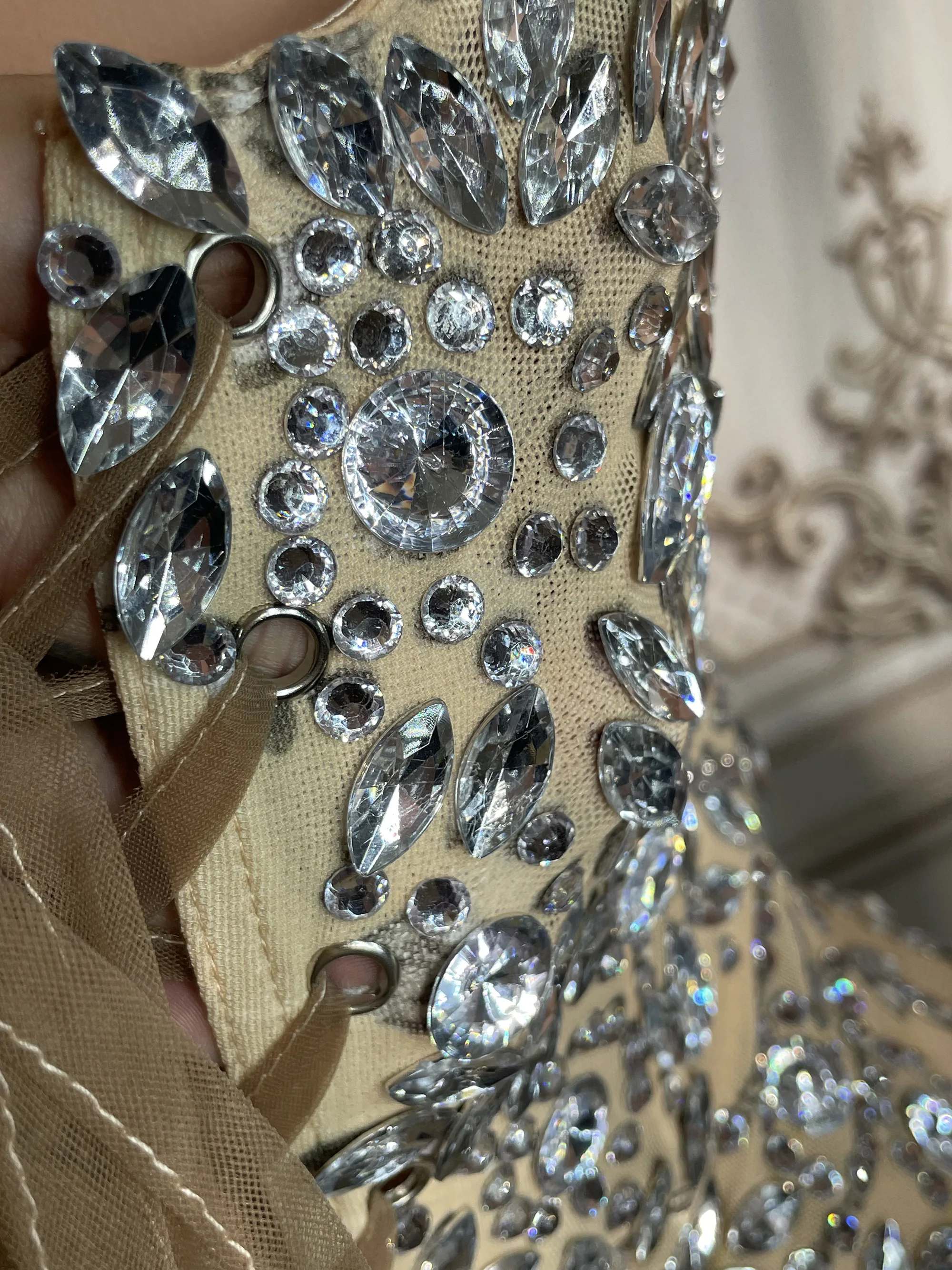 ZD 라인스톤 장식 미니 이브닝 드레스 반짝이는 다이아몬드 섹시한 프롬 드레스 여성 무대 공연 생일 파티용