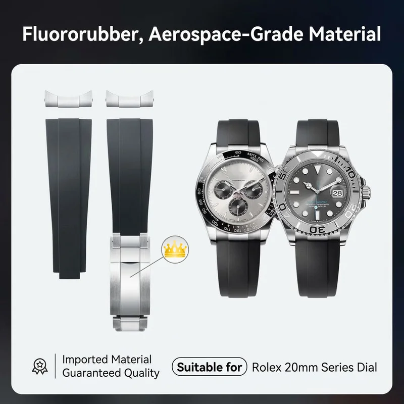 Curved End FKM Fluororubber Strap for Rolex Submariner Daytona GMT 20mm Cement Grey Deployment Clasp Men Replacement Watch Band