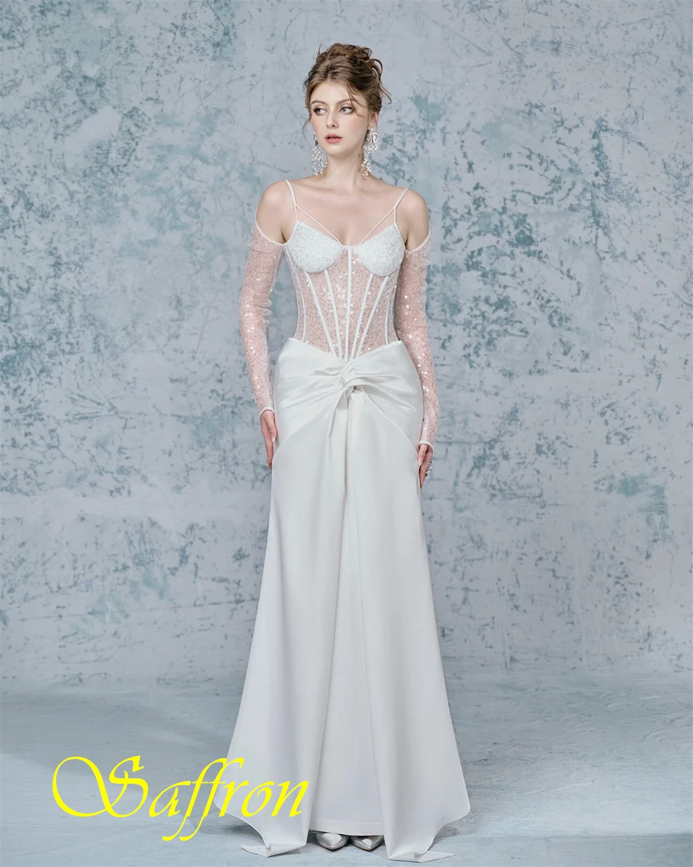 فستان سهرة أنيق بحورية البحر من الساتان مخصص كلاسيكي بأكمام طويلة للحفلات الراقصة، فساتين مناسبة خاصة مطرزة بالترتر