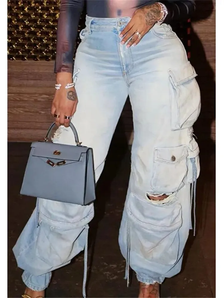 

Simenual 2000s Aesthetics Multi Pockets Loose Denim Long Pants Casual Grunge Punk Holes Straight Trousers Y2K Streetwear Jeans