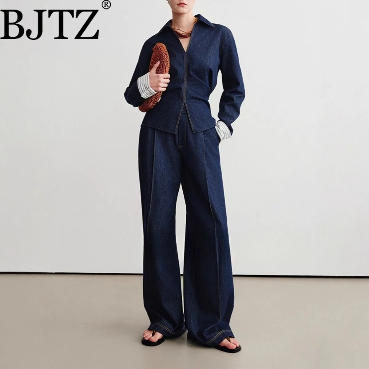 

BJTZ оригинальный цвет, имитация джинсовой ткани, рубашка с застежкой на талии + эластичные воздушные штаны, молодежный модный комплект из двух предметов