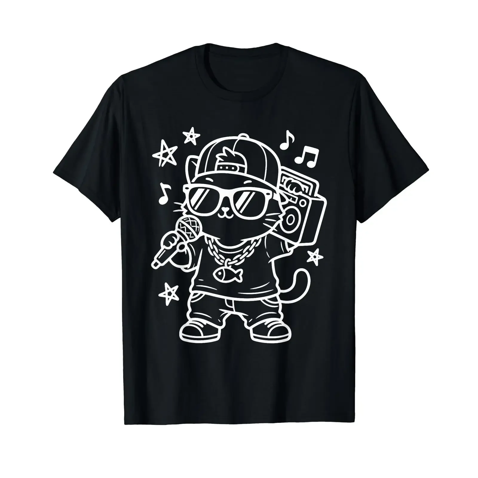 Hip hop Kawaii Chat Rappeur Street Art T Shirt Graphique avec Valeur vintage Washed Versatile Casual Stretched Breathable