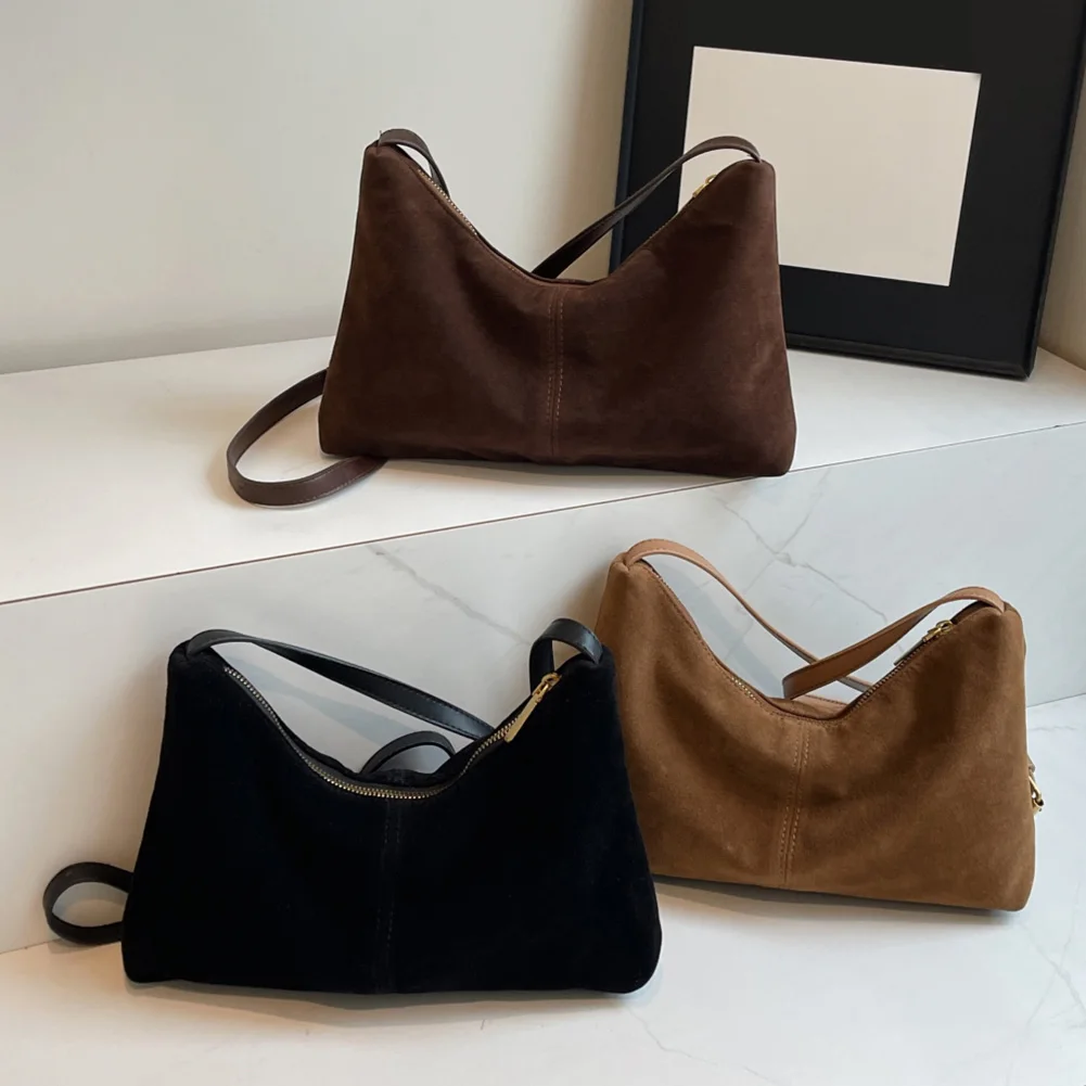 Women Suede Handbag Multiple Pocket Shoulder Bag Adjustable Strap Underarm Bag Zipper Satchel Purse for Work Travel