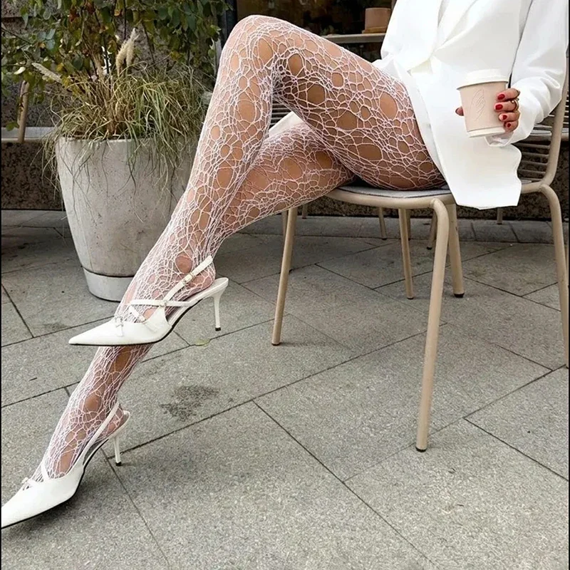 Women's Irregular Spider Web Fishnet Tights High Waist Stretch Pantyhose Y2K Sexy Hollow Out Stockings in Black White Burgundy