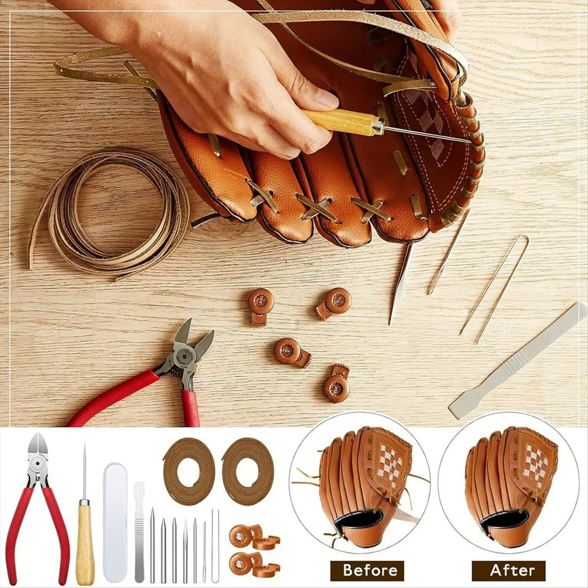 A78I 16 Pcs Glove Relacing Kit Needle Leather Cutter Scratch Awl Tool for Baseball Softball Mitt Repair Set 1