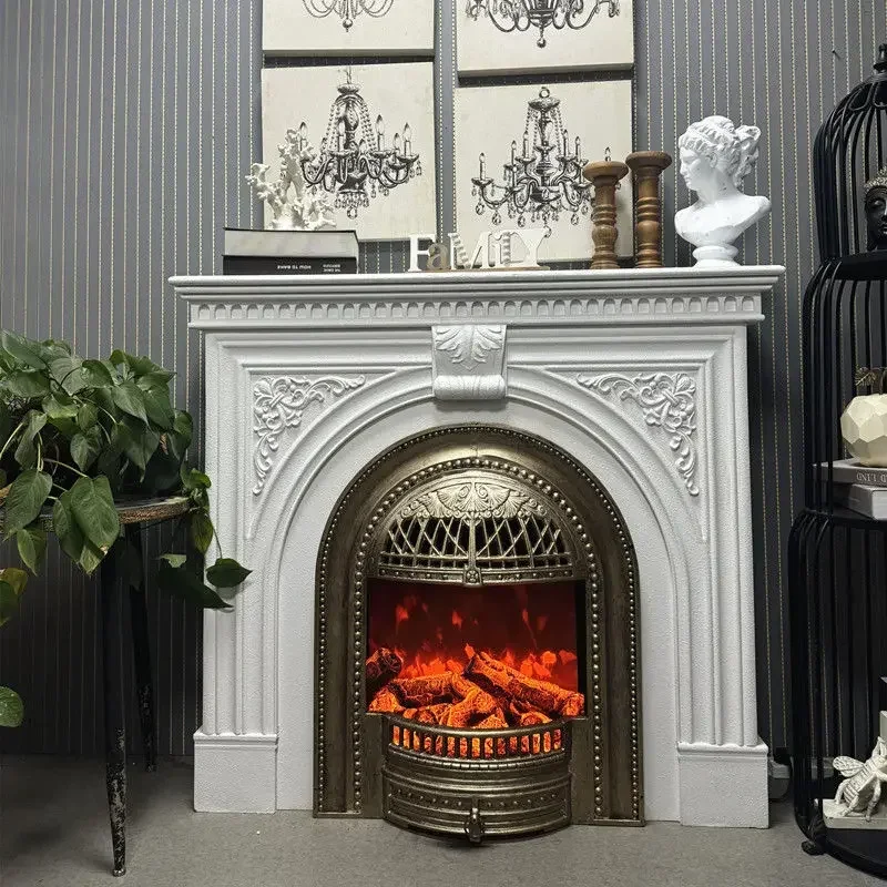 

French mantel entrance cabinet wood carving flower American European-style homestay villa living room simulation fire fire