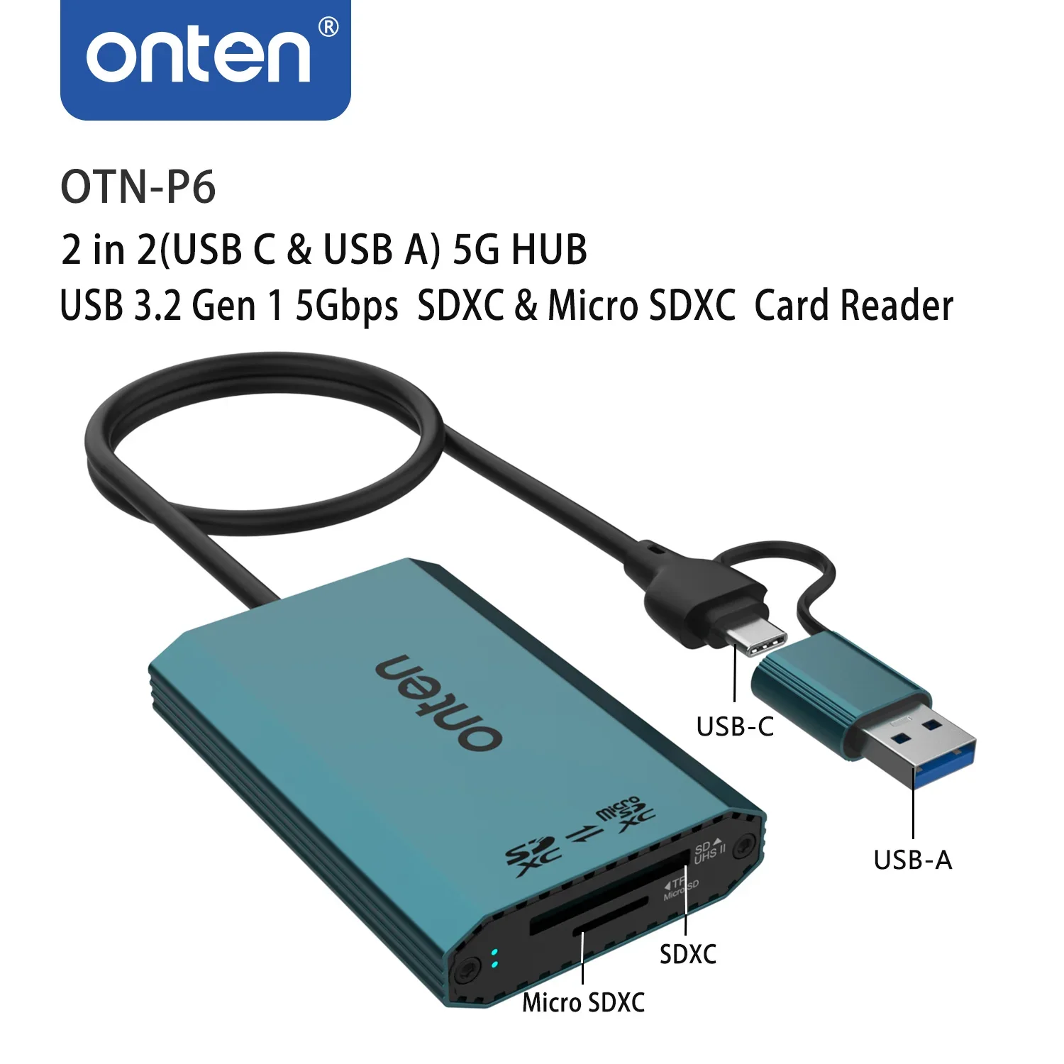 ONTEN-OTN-P6 2 en 2, HUB USB 3,2 Gen 1, 5Gbps, SDXC y Micro SDXC, lector de tarjetas