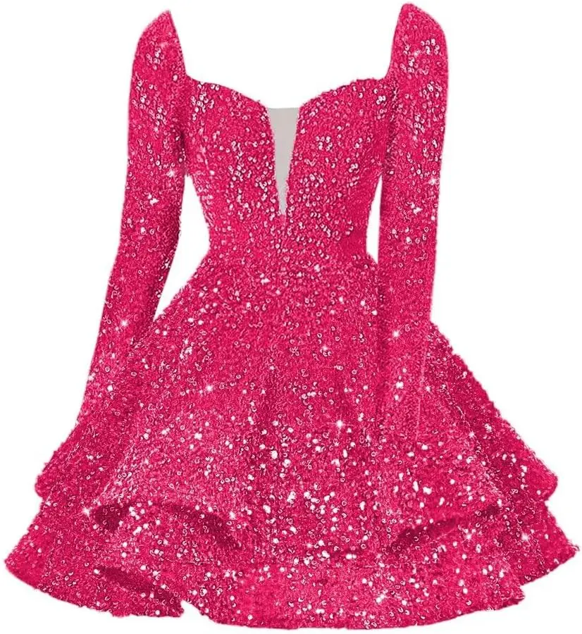 

Sparkly Sequin Tiered Short Homecoming Dresses for Teens 2025 Long Sleeves Sweet 16 Prom Cocktail Dress Above Knee , Mini