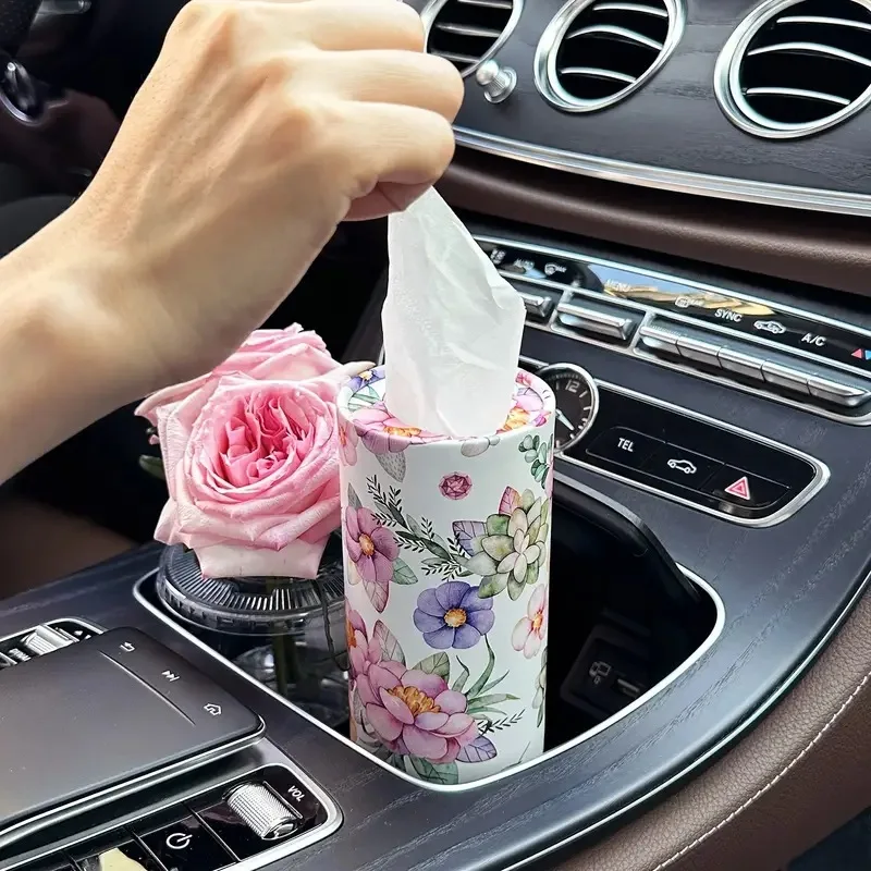 Floral Pattern Car Tissue Holder with Tissue - Travel Cylinder Tissue Box for Car Cup Holder, Suitable for Home Tables