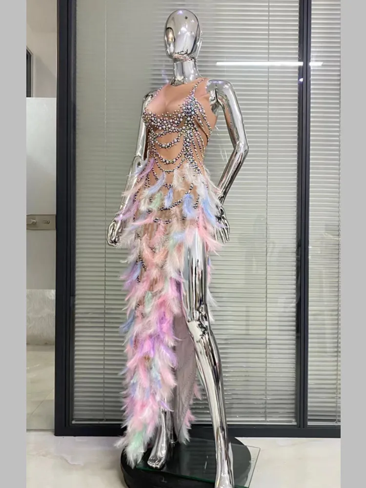 2024 Summer Women O Neck Feather Pearl High Split Dress Birthday Party Costume Bar Nightclub Stage Performance Dress