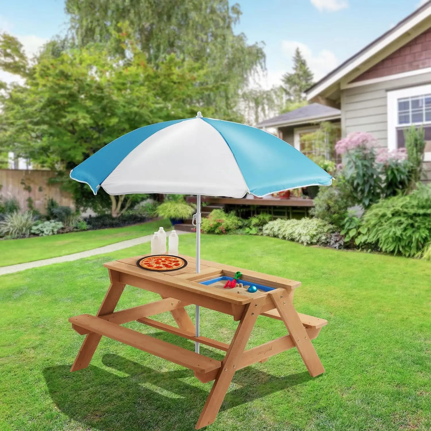 Tavolo da Picnic all'aperto in legno 3 in 1 per bambini con sabbia e acqua, 2 scatole da gioco e coperchio rimovibile, Natu