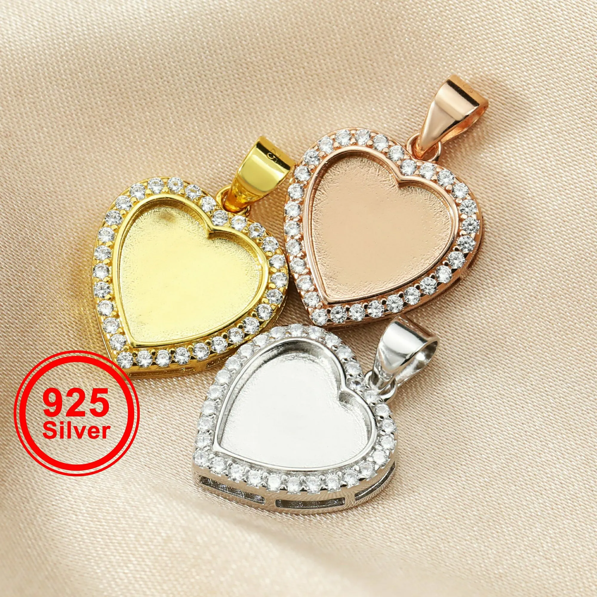 

10MM Halo Heart Keepsake Breast Milk Bezel Settings for Resin Solid 925 Sterling Silver Gold Plated DIY Pendant Bezel 1431121