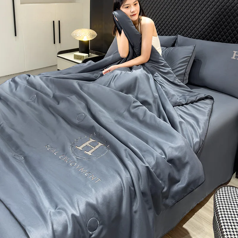 Ice Silk Airable Cover Single Cool Is Four-Piece Set Summer Double Duvet Machine Washable Thin Quilt