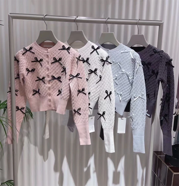 

Spring 2024 New Sweet Sle Pure Color Versatile Slim Fit round Ne Knot Knitted Open Cardigan Sweater for Women