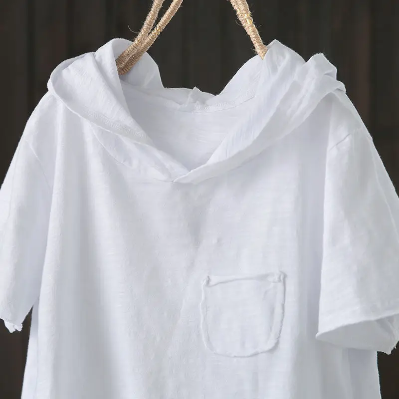 

Women's 95% Cotton Hooded T-irt Summer New Loose Pure Cotton Color Commute Sle ort Sve Hollow out Design