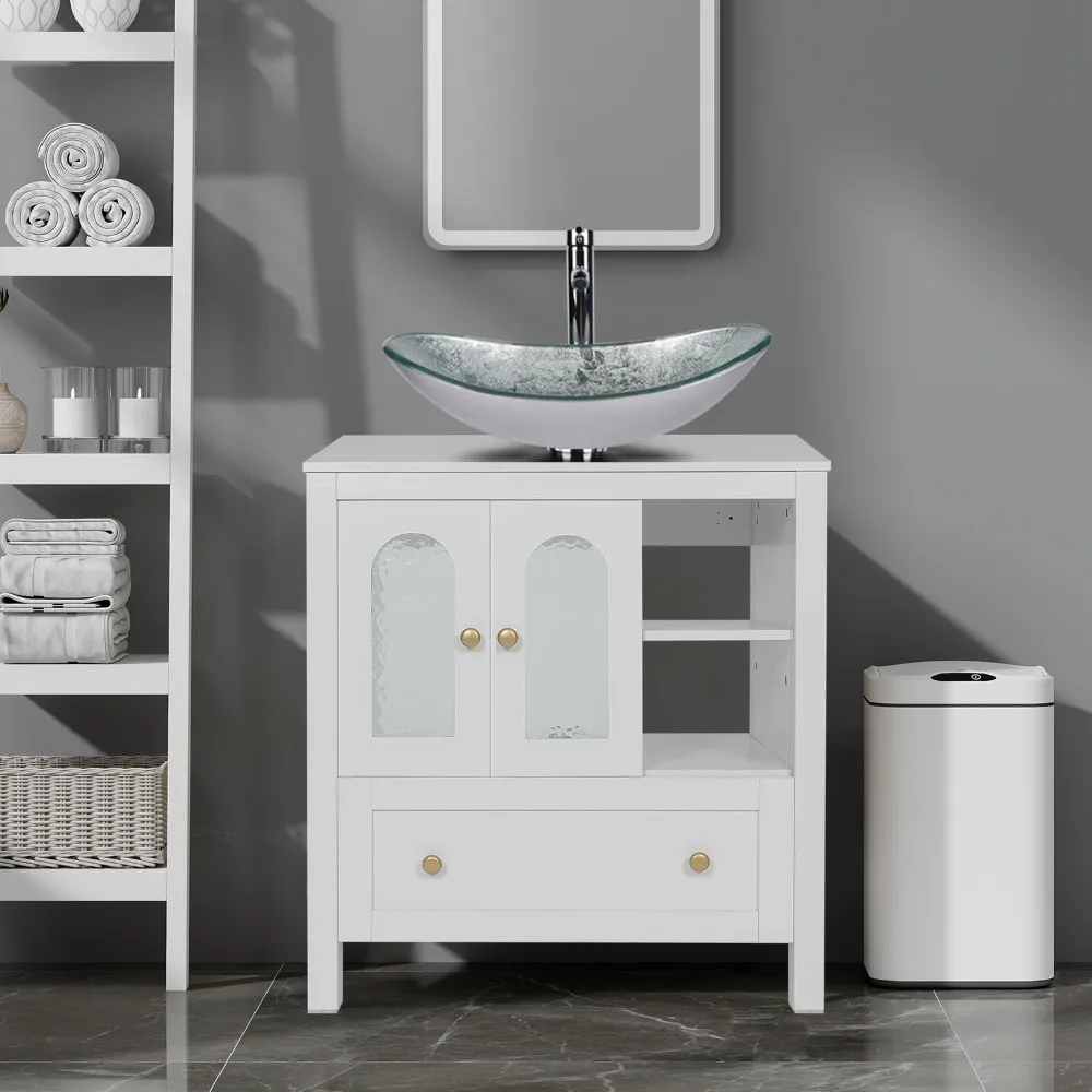 

30-Inch White Bathroom Vanity with Water Ripple Design Door, Modern Stylish Cabinet with Silver Boat Glass Sink Top