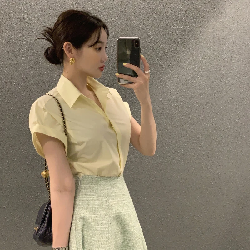 

Летняя женская рубашка 2023 года, белая, повседневная, в корейском стиле, из смесовой ткани, однотонная, на пуговицах, свободного кроя