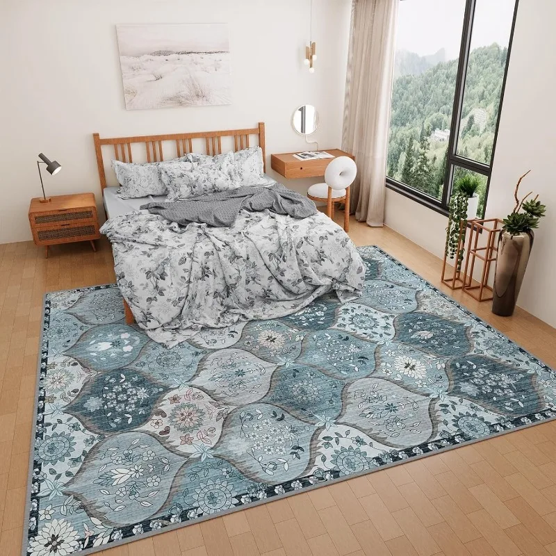 

Living Room Carpet Retro Foldable Machine Washable Floral Bedroom Bedside Rugs Non-slip Short Velvet Coffee Table Mats Alfombra