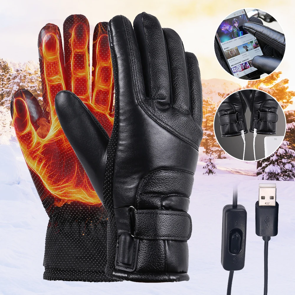 1 Pair Winter Warm Gloves USB Rechargeable Heated Hand Warmer Gloves Touch Screen Motorcycle Cycling Outdoor Hiking Gloves