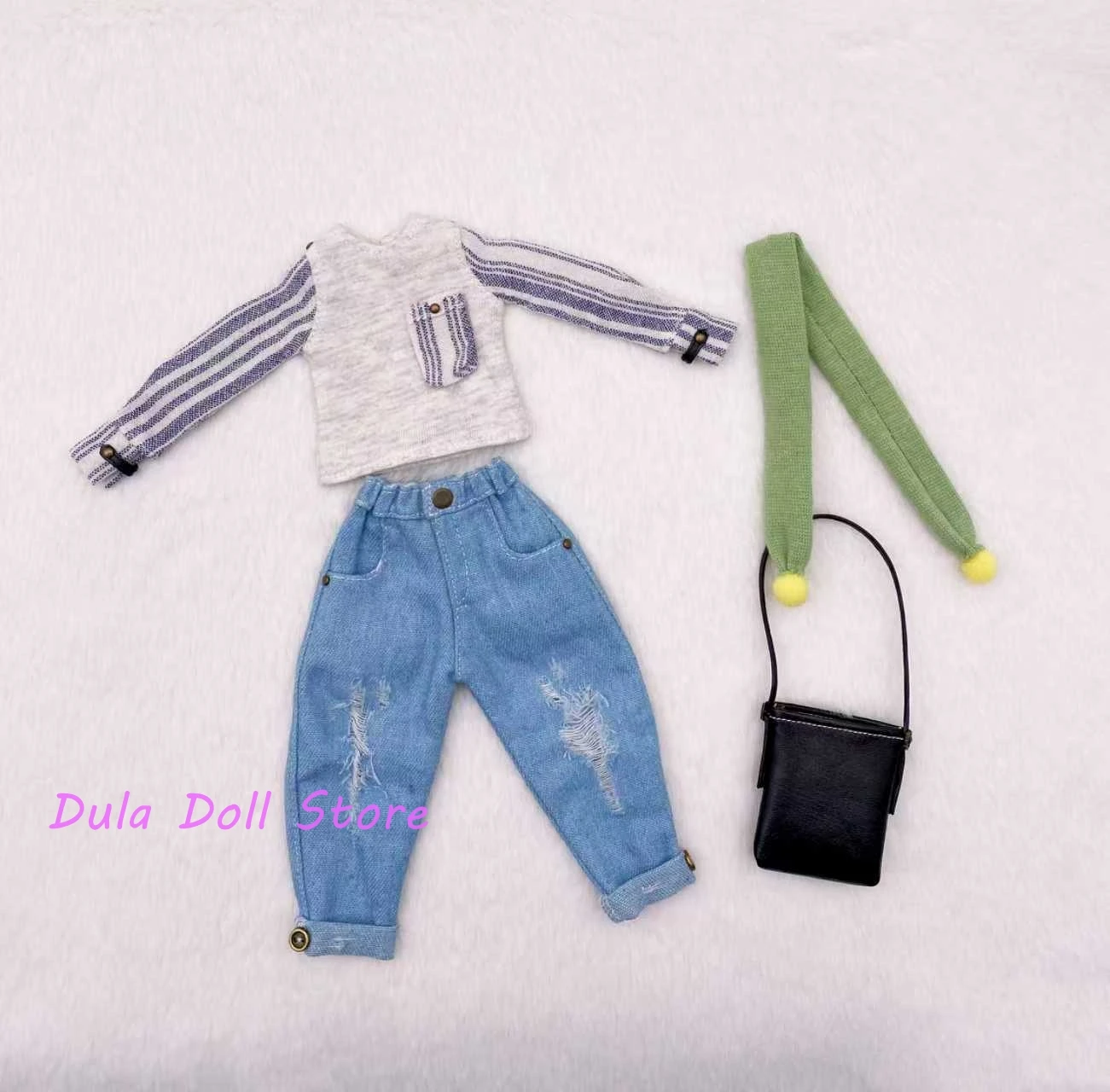 

2026（only one set）Dula Doll Clothes Handmade Splicing sleeve top with ripped jeans for Blythe ob24 ob22 Landoudou Landazz Doll