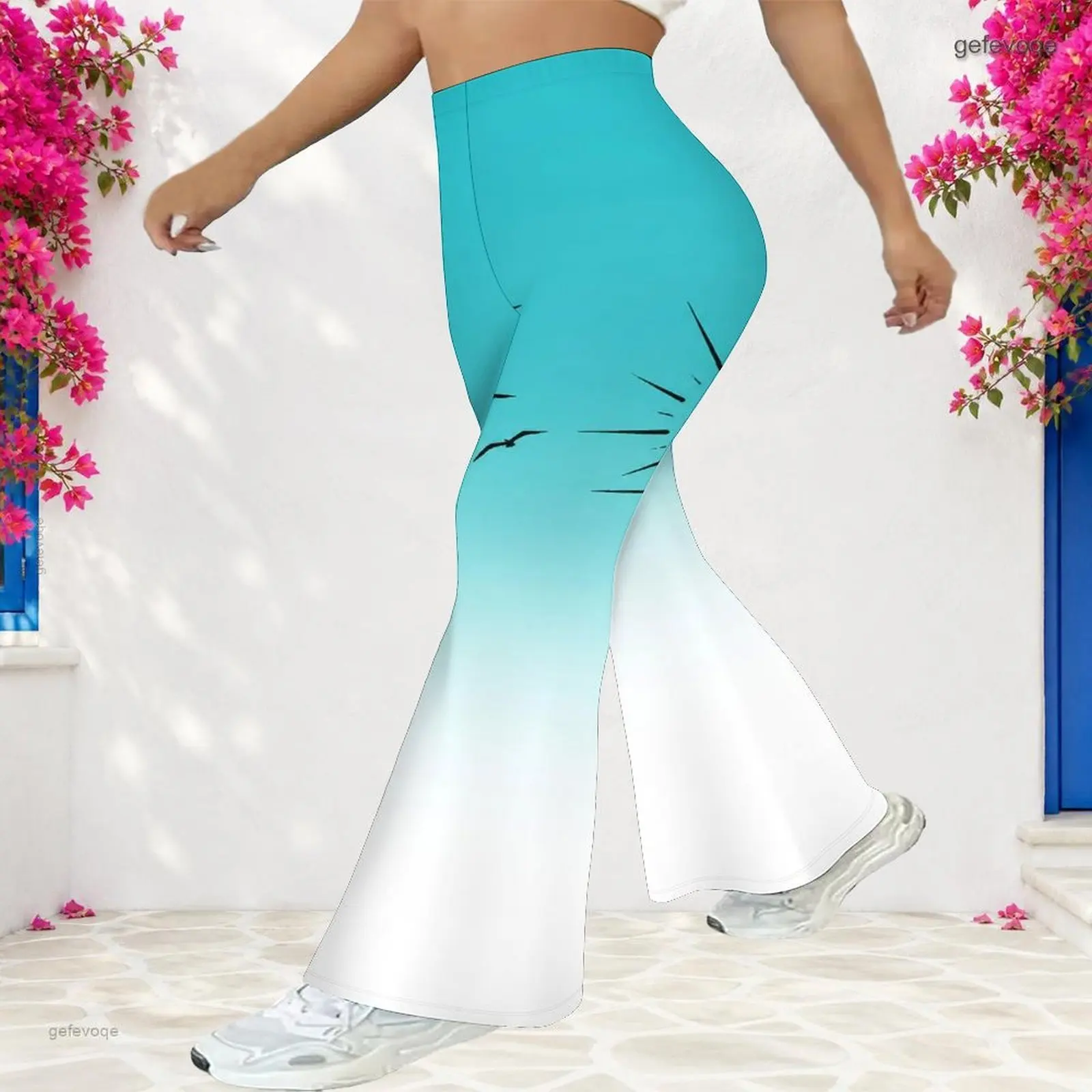 Women High Waist Full Length Flared Pants Printed Palm Tree Gradient Turquoise to Pale Peach