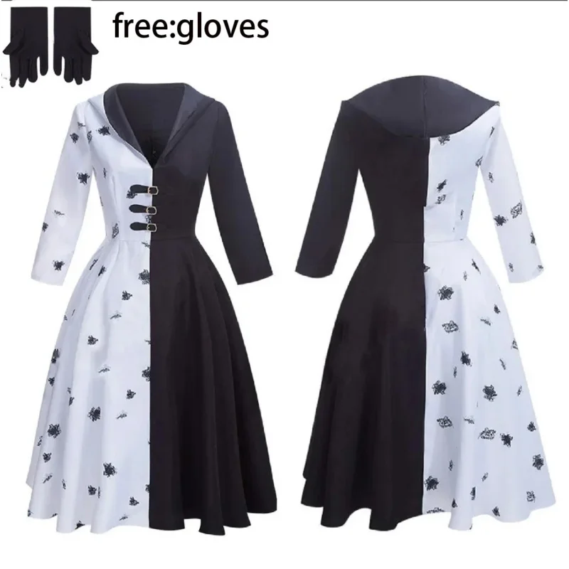 Costume de Cosplay Cruella De Vil du Film Evil Madame pour Femme, Robe de Demoiselle d'Honneur Noire et Blanche, Perruque de Barrage de ixd'Halloween