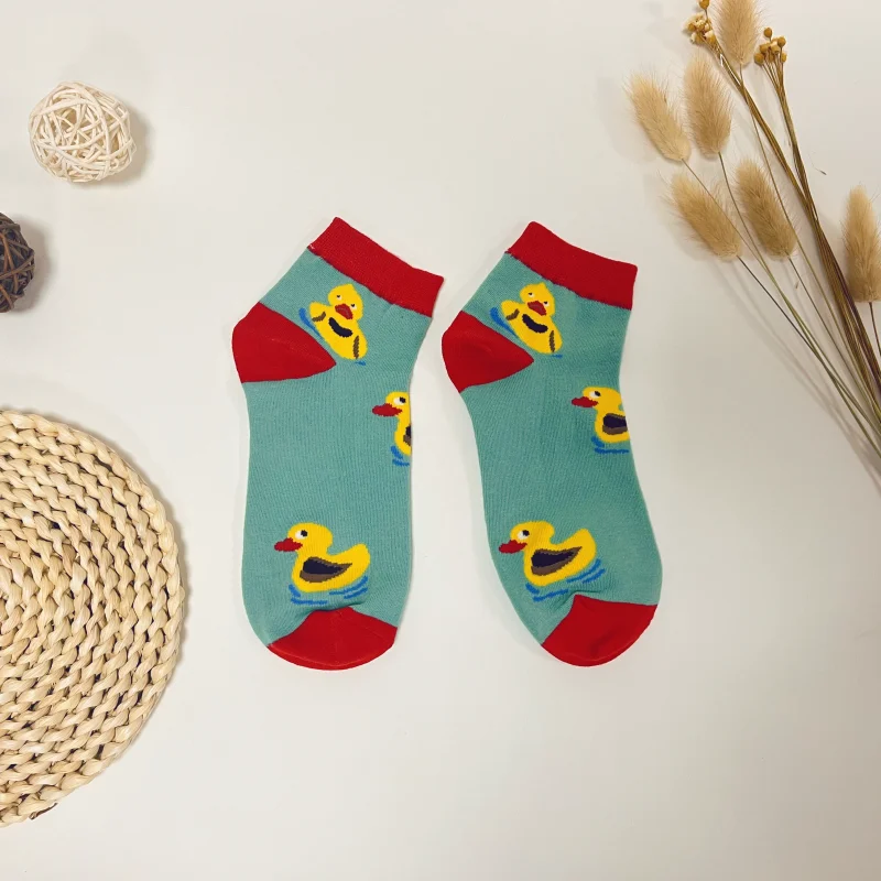 

1 Pair Women Cartoon Cute Water Playing Yellow Duck Breathable Comfy Short Socks Suit In All Seasons For Daily