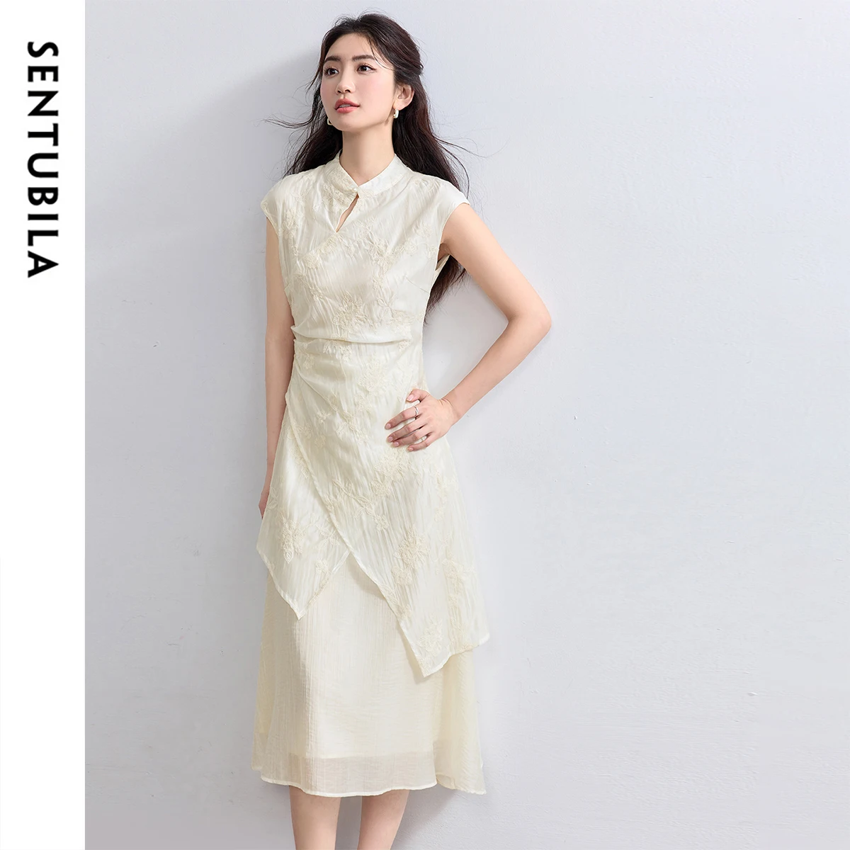 SENTUBILA Apricot Long Elegant Woman Dress 2025 Summer Chinese Style Patchwork 2 In 1 Stand Elegant Female Dresses T52LI2346
