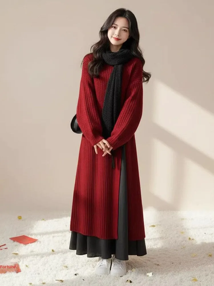 새해 레드 니트 스웨터와 캐주얼 팬츠 투피스 세트 여성 패션 앙상블 나이 감소 슬림핏 가을 겨울 의류