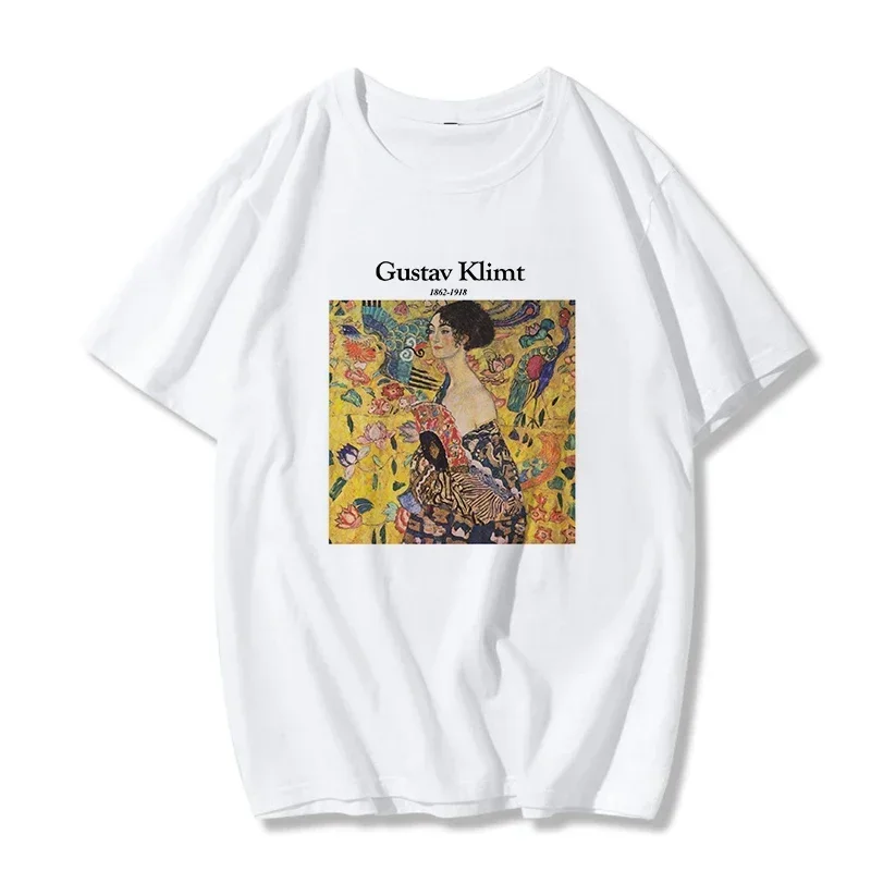 Gustav Klimt-T-shirt carta impressão das mulheres, chique, padrão Harajuku, arte, pintura a óleo, top vintage, moda casual, verão, novo