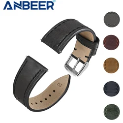 ANBEER Vintage Leather Watch Strap 18mm20mm22mm Watch Band Quick Release, Stainless Steel Buckle Silver