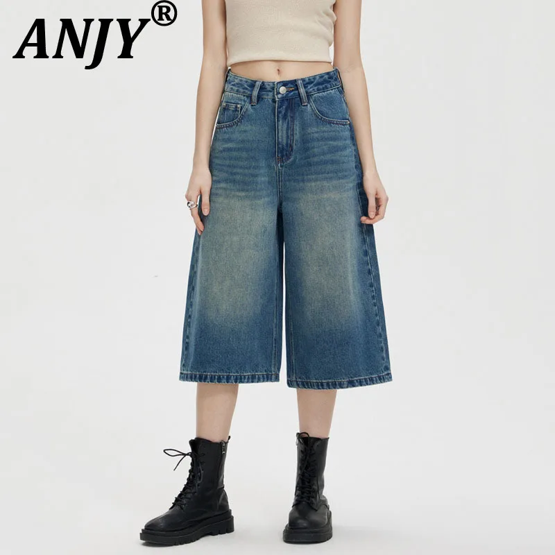 

ANJY Summer New Women Ins Cropped Jeans High-End Washed Denim Pockets Vintage Elegant Trendy Stylish Casual Wide Leg Pants A9705