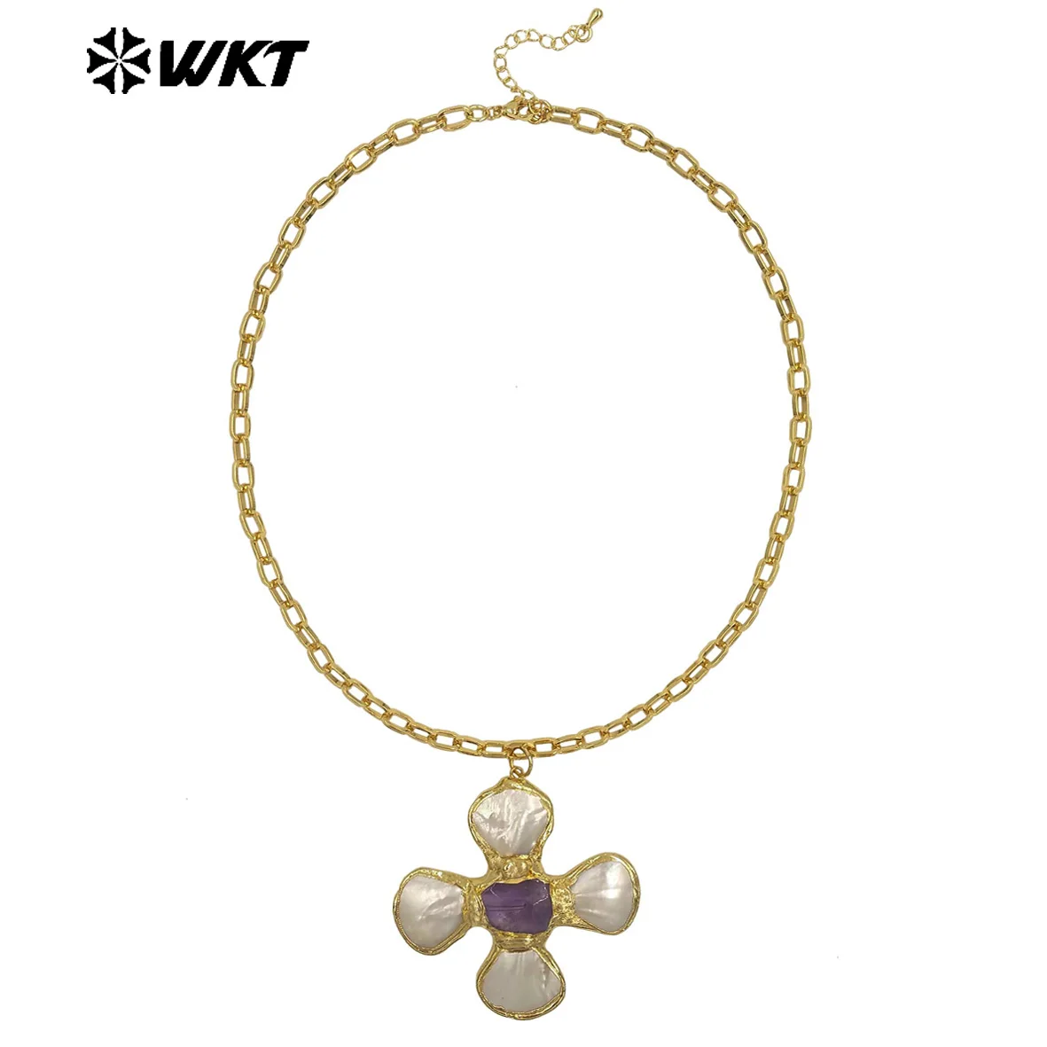 

WT-JN346 Популярное 18-каратное позолоченное ожерелье с подвеской в форме цветка из натуральной бирюзы и аметиста в форме ракушки, ювелирные изделия для вечеринок