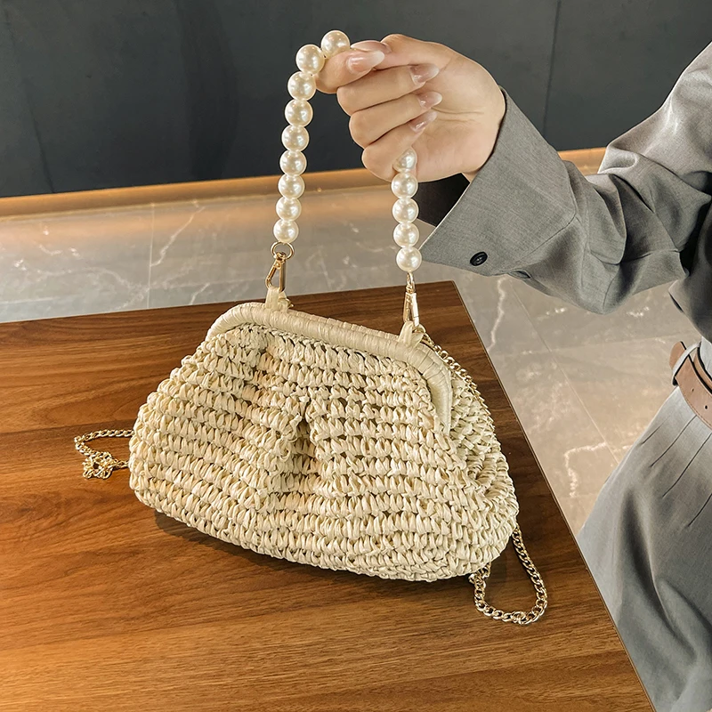 Modna damska torebka ze słomy na wakacje torba na plażę żeńska rattanowa torba na ramię Crossbody luksusowy Design małych pań tkana torebka 2024